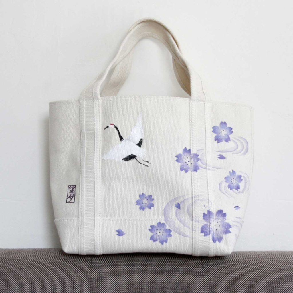 トートバッグに鶴と桜柄の手描きオーダー　ハンドメイド