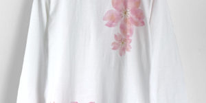 手描き舞桜柄リブ付き長袖Tシャツ　ホワイト